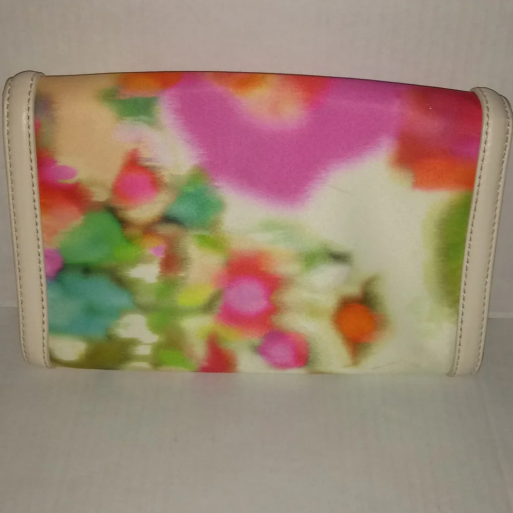 KATE SPADE MULTI COLOR SATIN CLUTCH WITH LEATHER TRIM - Picture 3 of 13